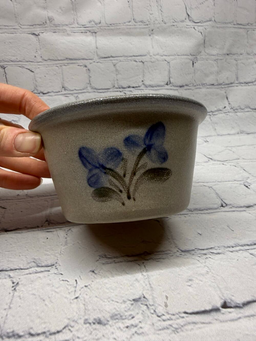 Rowe Pottery Works Signed Salt Glazed Blue Rimmed Small Stoneware Crock Bowl